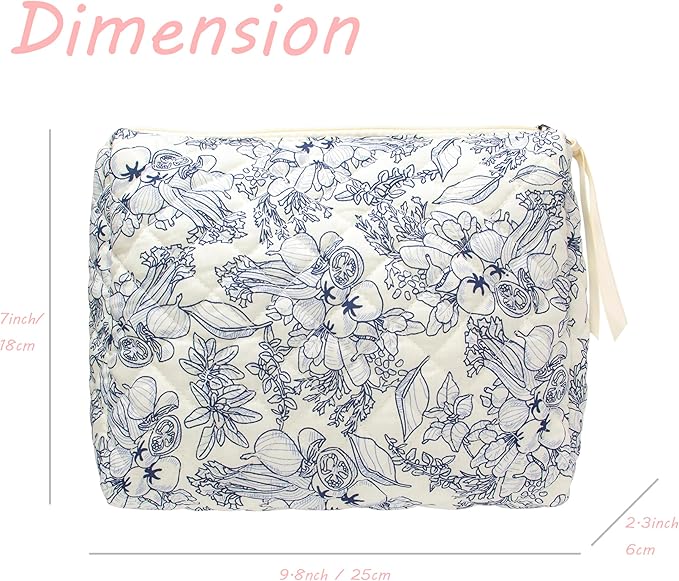 PAZIMIIK Quilted Makeup Bag Large Travel Zipper Soft Cosmetic Pouch for Women Girls Make Up,Flower White