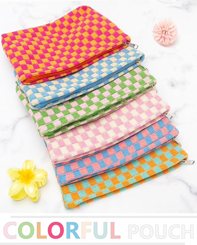 PAZIMIIK Knitted Checkered Makeup Bag Large Zipper Make Up Accessory Pouch for Purse Cosmetic Brush Bag for Travel Essential Blue Beige