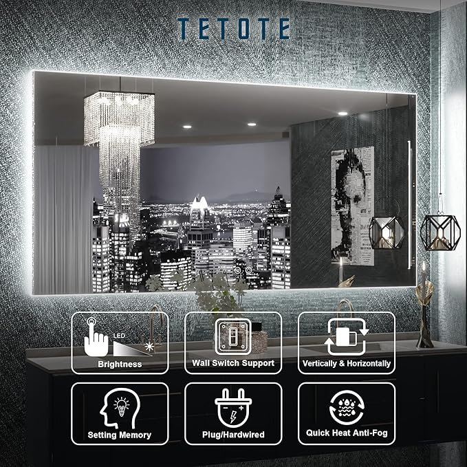 TETOTE 48 x 24 LED Backlit Bathroom Mirror with Light,3Color White/Warm/Natural,Anti-Fog Lighted Mirror,Dimmable,Vanity Mirror,Wall Mounted