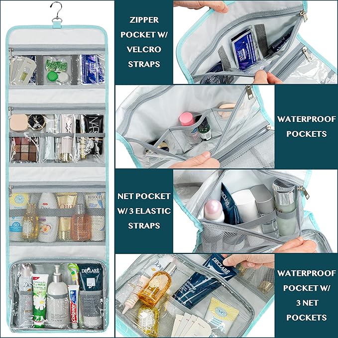 PAVILIA Travel Hanging Toiletry Bag for Women Men, Large Capacity Makeup Bag Kit, Waterproof Cosmetic Storage Organizer Case for Bathroom Shower