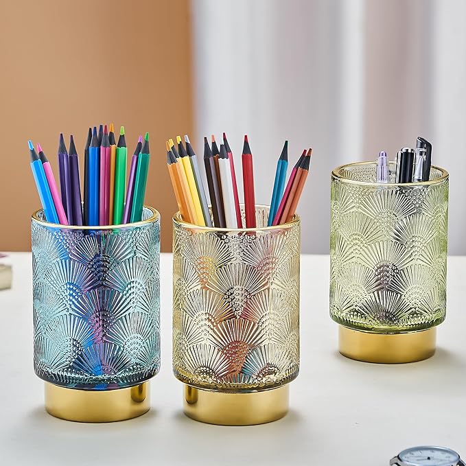 Makeup Brush Holder Organizer,Toothbrush Holders,Desk Pen Pencil Holder,Multifunctional Vintage Glass Brush Cup(A41-1-US)