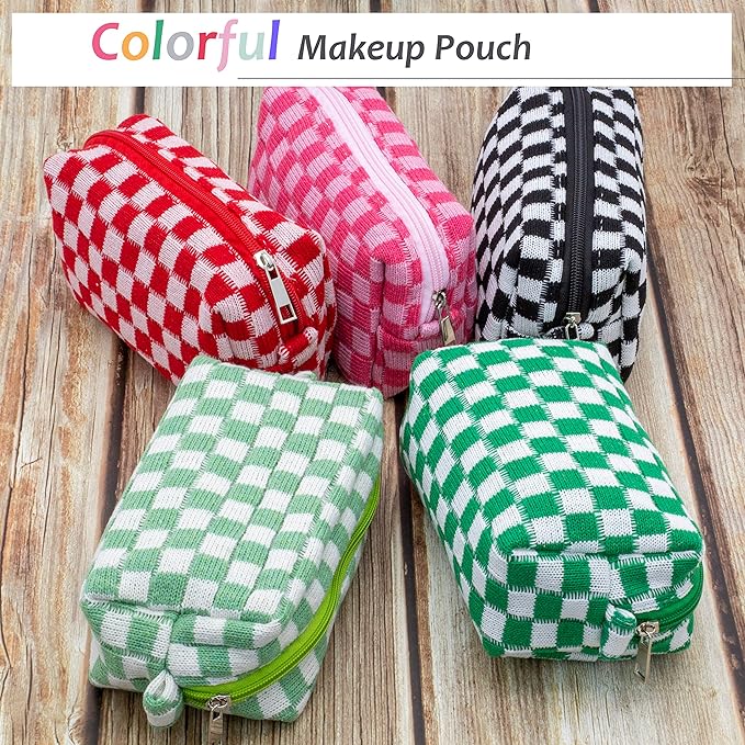 PAZIMIIK Checkered Makeup Bag for Purse Portable Zipper Make Up Pouch Small Cosmetic Case for Travel Accessories (6PCS Light Green)