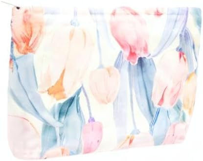 Floral Makeup Bag Large Cotton Zipper Pouch for Purse Travel Canvas Make Up Organizer for Women Cosmetic,Tulip Pink