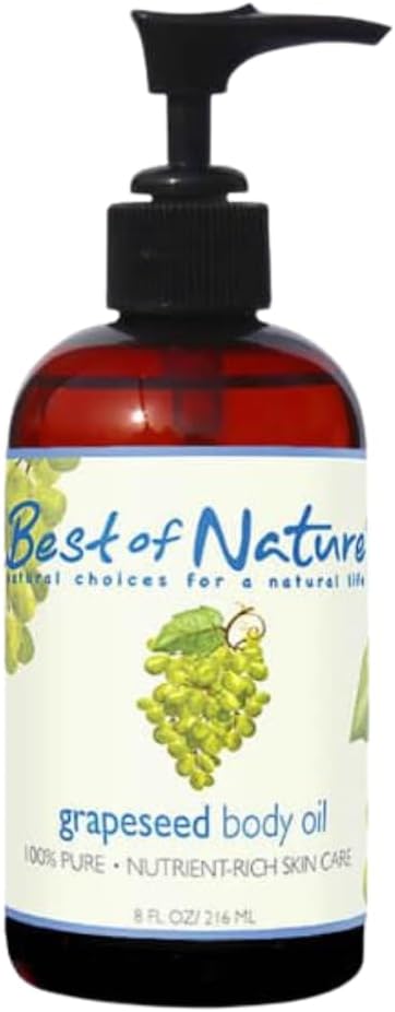 Best of Nature 100% Pure Grapeseed Massage & Body Oil, Unscented Lightweight Non-Greasy Moisturizer for Hair, Skin, Face, & Aromatherapy Carrier Oil for Essential Oils, 8 oz.