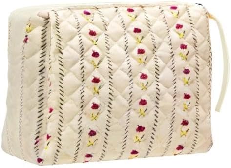 PAZIMIIK Quilted Makeup Bag Large Travel Zipper Soft Cosmetic Pouch for Women Girls Make Up,Little Flower Beige