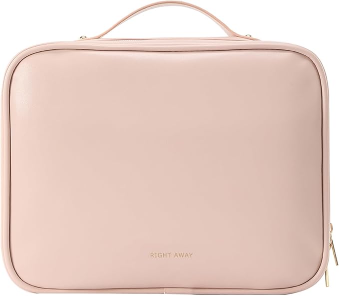 RIGHT AWAY Travel Toiletry Bag for Women,Large Makeup Bag& Cases,Waterproof Cosmetic Organizer Bag with Compartments,Portable Make Up Bag for Travel Size Toiletries,Skincare,Brushes Set,Pink