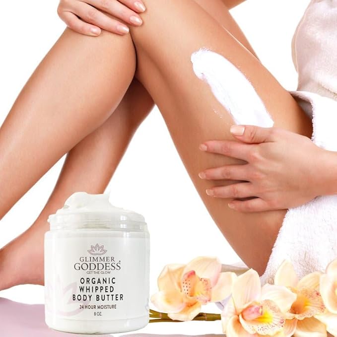 Glimmer Goddess Organic Whipped Body Butter for Women - Moisturizer Cream with Shea & Cocoa Butter, Almonds & Coconut Oil - Mango Vanilla, 8oz