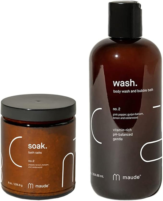 Maude No. 2 Bathtime Bundle - Soak Mineral Bath Salts with Hand-Harvested Dead Sea Salt Crystals and Vitamins (8 oz) + pH Balanced Gentle Body Wash Bubble Bath with Vitamin B3, B5, C, and E (12 oz)