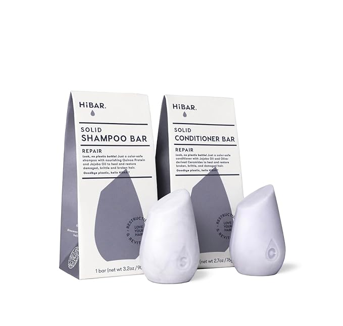 HiBAR - Repair Shampoo & Conditioner Set - For Damaged, Broken, Brittle Hair - Restore & Nourish - Quinoa Protein & Jojoba Oil - Plastic, Soap, Paraben & Sulfate-Free -Color Safe & Vegan -2 Solid Bars