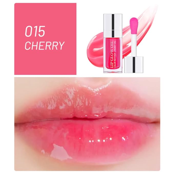 Yasovigi Hydrating Lip Oil Plumping Lip Tint Moisturizing Lip Gloss, Transparent Lip Balm Care Stick Nourishing Repairing Non-sticky, Moisture&Lighten Lip Lines (Transparent + Cherry)