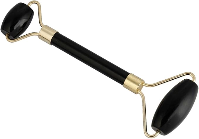 Rockcloud Natural Crystal Stone Roller Massager Double Neck Face & Neck Massage Therapy Anti-Aging Wrinkle Healing Slimming Skincare Tool,Black Obsidian