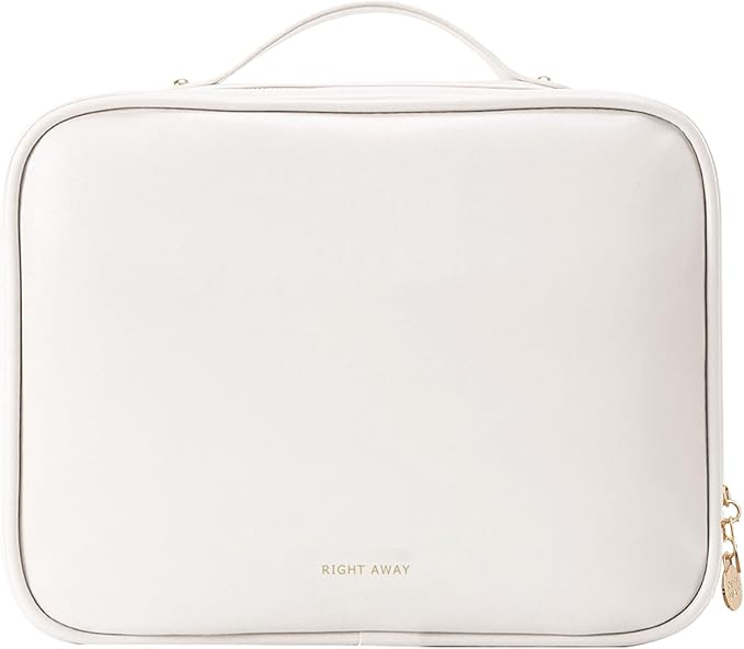 RIGHT AWAY Travel Toiletry Bag for Women,Large Makeup Bag& Cases,Waterproof Cosmetic Organizer Bag with Compartments,Portable Make Up Bag for Travel Size Toiletries,Skincare,Brushes Set,White