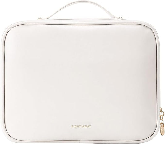 RIGHT AWAY Travel Toiletry Bag for Women,Large Makeup Bag& Cases,Waterproof Cosmetic Organizer Bag with Compartments,Portable Make Up Bag for Travel Size Toiletries,Skincare,Brushes Set,White