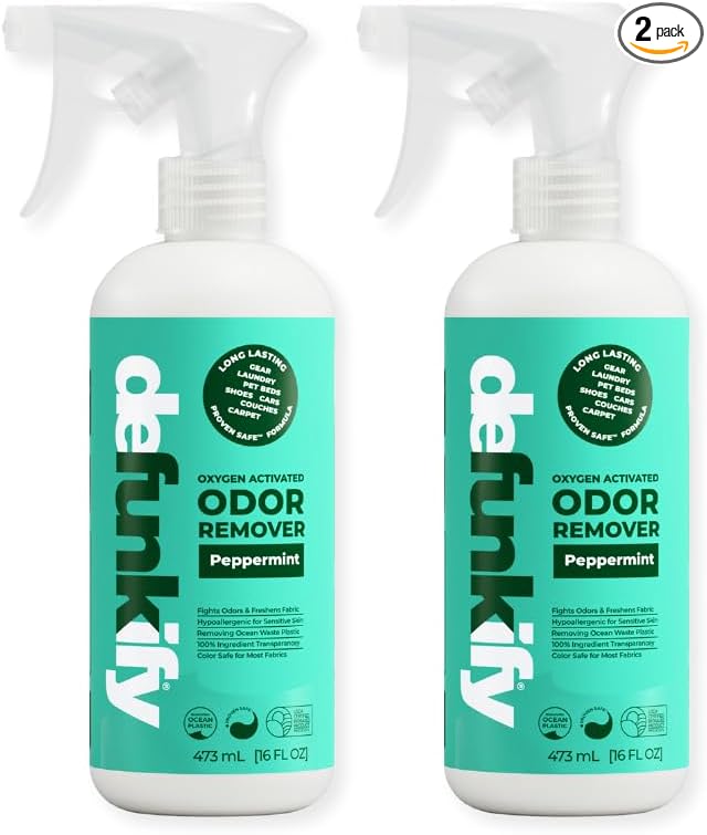 Odor Remover Spray, 16oz (2-Pack). 'Peppermint' Essential Oil Odor Eliminator for Strong Odors on Fabric, Shoes, Activewear. 'ProvenSafe' Deodorizer for Pets, Kids & Sensitive Gear w/Ionic Silver