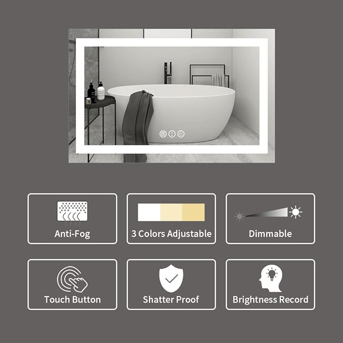 Amorho LED Bathroom Mirror 40"X32" with Front and Backlit, Stepless Dimmable Wall Mirrors with Anti-Fog, Shatter-Proof, Memory, 3 Colors, Double LED Vanity Mirror (Horizontal/Vertical)