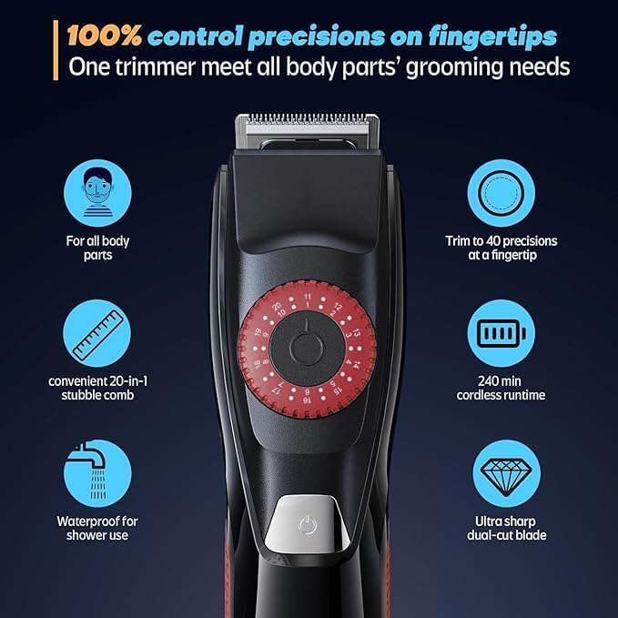 40 Precisions Electric Beard Trimmer for Men, Mens Grooming Trimmer for Beard, Mustache, Face and Ear Hair, Multi-Series Clipper, Waterproof, USB C Charging, Soft Pouch (Red)