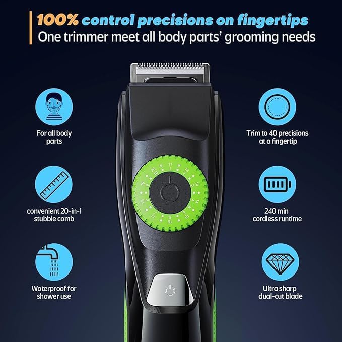 40 Precisions Electric Beard Trimmer for Men, Mens Grooming Trimmer for Beard, Mustache, Face and Ear Hair, Multi-Series Clipper, Waterproof, USB C Charging, Soft Pouch (Green)