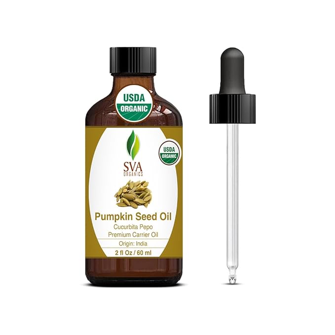 SVA Pumpkin Seed Oil Organic - 2 Fl Oz – 100% Natural Cold Pressed Pumpkin Seed Oil - for Face, Skin Care, Hair Care, Scalp Massage & Body Massage - with Dropper
