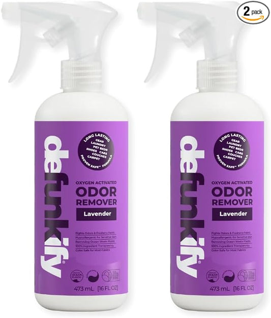 Odor Remover Spray, 16oz (2-Pack). 'Lavender' Essential Oil Odor Eliminator for Strong Odors on Fabric, Shoes, Activewear. 'ProvenSafe' Deodorizer for Pets, Kids & Sensitive Gear w/Ionic Silver