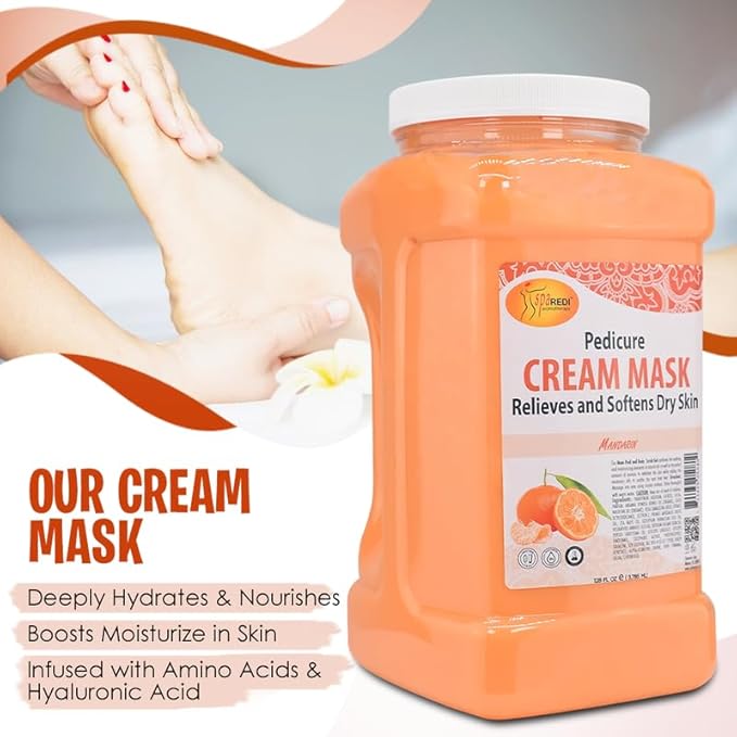 SPA REDI - Body and Foot Cream Mask, Mandarin, 128 Oz - Pedicure Massage for Tired Feet and Body, Hydrating, Fresh Skin - Infused with Hyaluronic Acid, Amino Acids, Panthenol, Comfrey Extract