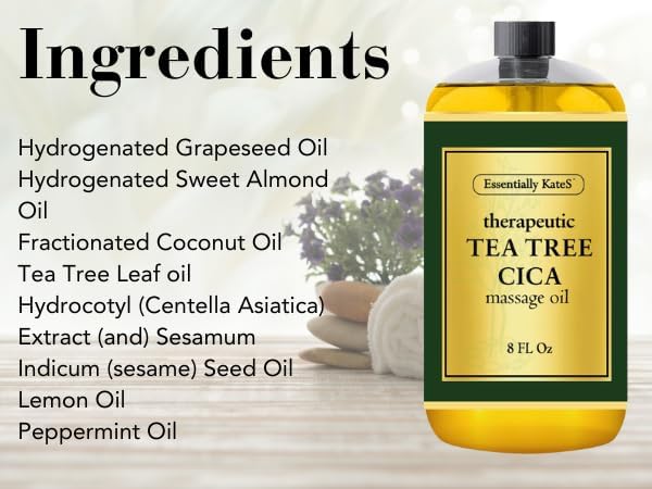 Essentially KateS Tea Tree Oil CICA Massage Oil 8 Fl Oz - Purifying, Invigorating and Hydrating - Soothes Sore Muscles and Joints - Centella asiatica