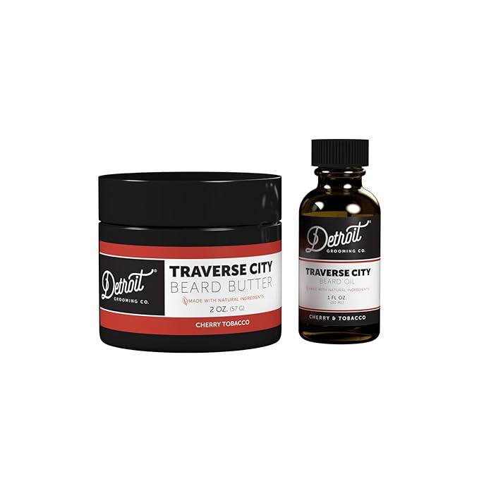 Detroit Grooming Co. Beard Oil & Beard Butter Bundle – Traverse City (Cherry & Tobacco Scent) – Beard Hydration Set with Vitamin E & Sunflower Oil