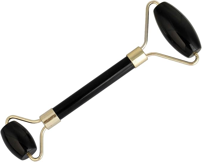Rockcloud Natural Crystal Stone Roller Massager Double Neck Face & Neck Massage Therapy Anti-Aging Wrinkle Healing Slimming Skincare Tool,Black Obsidian