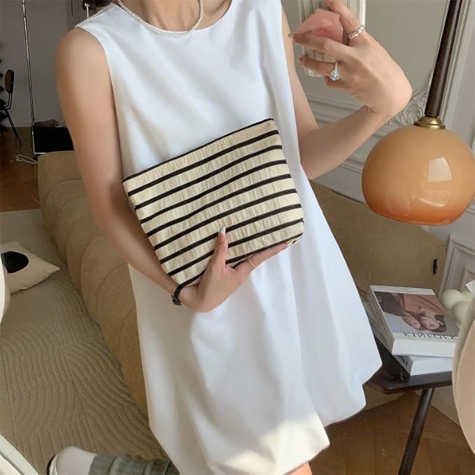 PAZIMIIK Floral Makeup Bag Large Cotton Zipper Pouch for Purse Travel Canvas Make Up Organizer for Women Cosmetic,Stripe White