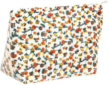 PAZIMIIK Makeup Bag Large Zipper Corduroy Make Up Pouch for Purse Travel Canvas Cosmetic Organizer for Women Brush Storage,Floral White