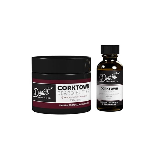 Detroit Grooming Co. Beard Oil & Beard Butter Bundle – Corktown (Vanilla, Tobacco & Cedarwood Scent) – Beard Hydration Set with Vitamin E & Sunflower Oil