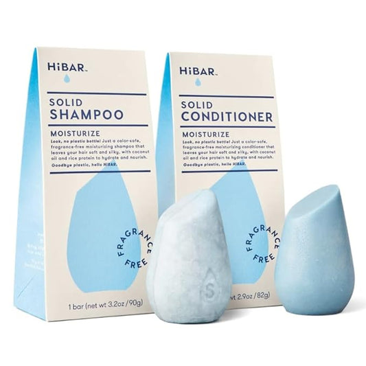 HiBAR - Moisturize Fragrance-Free Shampoo & Conditioner Set - For Dry, Frizzy Hair -Nourish & Hydrate -Coconut Oil & Vitamin B5 -Plastic, Soap, Paraben & Sulfate-Free -Color Safe & Vegan -2 Solid Bars