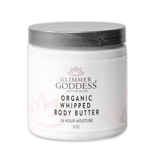 Glimmer Goddess Organic Whipped Body Butter for Women - Moisturizer Cream with Shea & Cocoa Butter, Almonds & Coconut Oil - Rose Geranium Lavender, 8oz