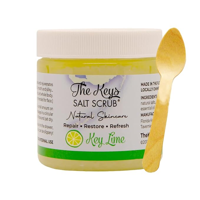 The Keys Salt Scrub -Sea Salt Scrub - Exfoliating Body Scrub with Wooden Spoon - Moisturizing Exfoliator for Hands, Foot, Bath, (3.4 Ounce (Pack of 1), Key Lime)