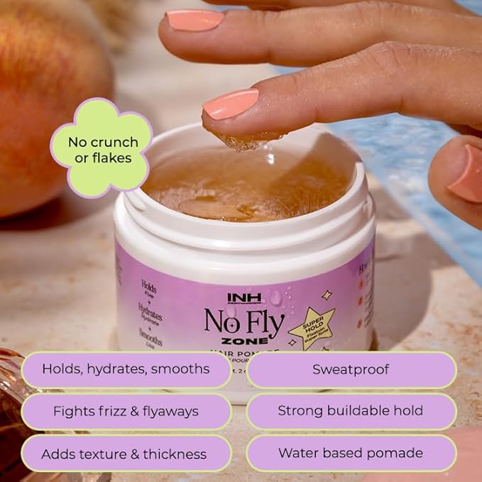INH Hair Pomade for Flyaways | Water Based & Strong Hold Fly Away Hair Tamer | Sweat Proof No Fly Zone Pomade & Texturizer for Styling | Glossy Finish for a Sleek Look | 2oz