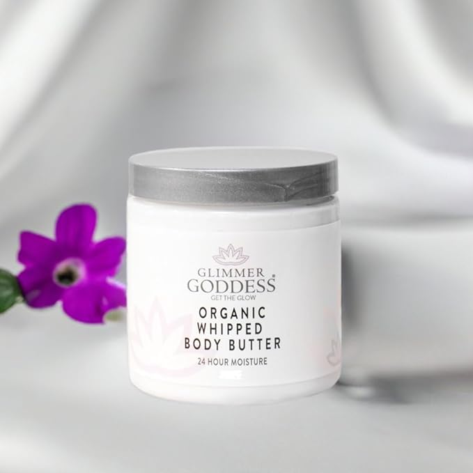 Glimmer Goddess Organic Whipped Body Butter for Women - Moisturizer Cream with Shea & Cocoa Butter, Almonds & Coconut Oil - Christmas Cookie, 8oz