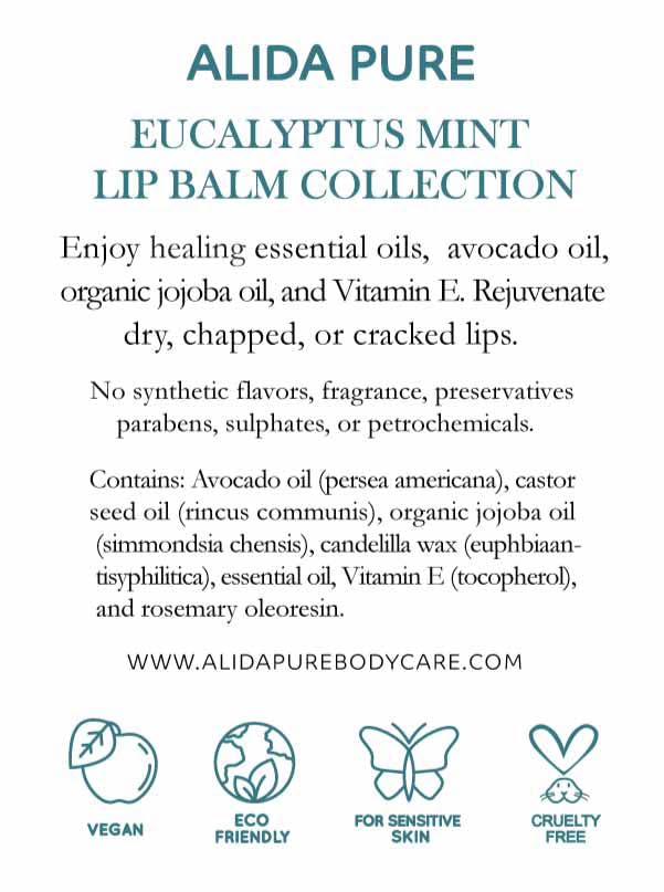 ALIDA PURE Eucalyptus Mint Lip Balm Collection, Vegan, Lip Balm, Beeswax Free, with Avocado Oil, Organic Jojoba Oil, and Vitamin E, Natural Moisturizer for Dry, Chapped Lips, 3 Tube Set