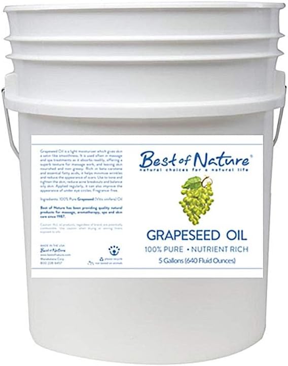 Best of Nature 100% Pure Grapeseed Oil - Unscented, Lightweight, Non-Greasy Moisturizer for Hair, Skin, Face & Aromatherapy, Carrier Oil for Essential Oils, 5 Gallon Pail (640 fl oz)