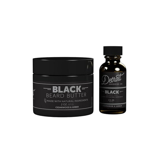 Detroit Grooming Co. Beard Oil & Beard Butter Bundle – Black (Cedarwood & Amber Scent) – Beard Hydration Set with Vitamin E & Sunflower Oil