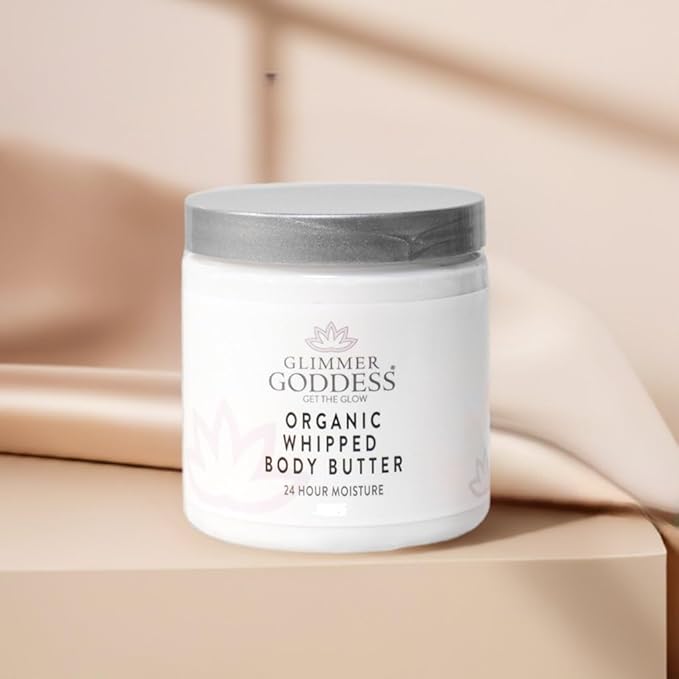 Glimmer Goddess Organic Whipped Body Butter for Women - Moisturizer Cream with Shea & Cocoa Butter, Almonds & Coconut Oil - Salted Caramel, 8oz
