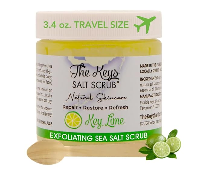 The Keys Salt Scrub -Sea Salt Scrub - Exfoliating Body Scrub with Wooden Spoon - Moisturizing Exfoliator for Hands, Foot, Bath, (3.4 Ounce (Pack of 1), Key Lime)