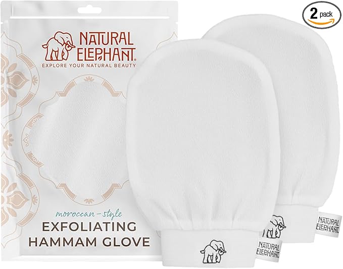 Natural Elephant Exfoliating Hammam Glove | Authentic Moroccan Kessa Body Scrub Mitt for Spa-Quality Skin Renewal | Pearl White 2 Pack