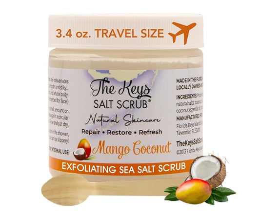 The Keys Salt Scrub -Sea Salt Scrub - Exfoliating Body Scrub with Wooden Spoon - Moisturizing Exfoliator for Hands, Foot, Bath, (3.4 Ounce (Pack of 1), Mango Coconut)