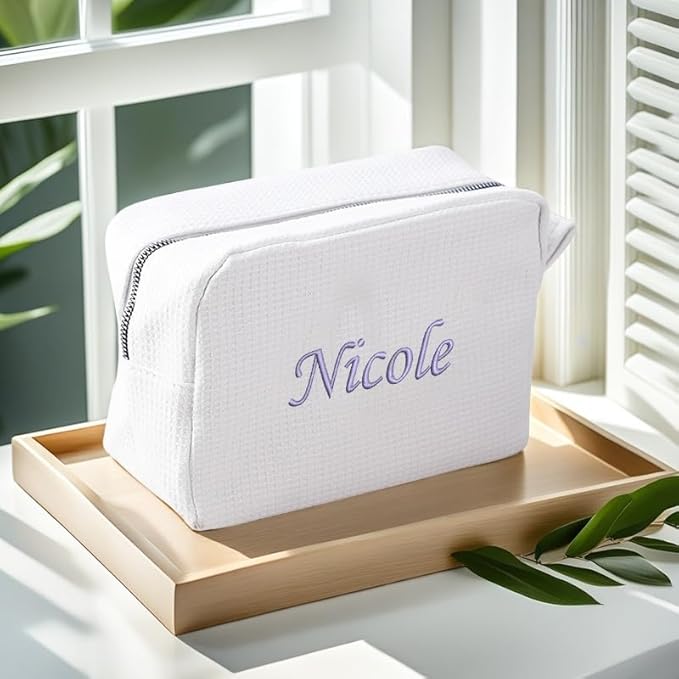 GOPHIE Personalized Embroidered Makeup Bag,Custom Waffle Fabric Cosmetic Pouch for Women, Travel Makeup Pouch (3, White)