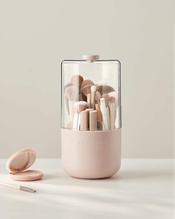 EACHY Makeup Brush Holder 360° Rotating with Dustproof Lid, Waterproof Material, 7 Compartments for Organized Storage, Stylish and Durable Design for Vanity (White)