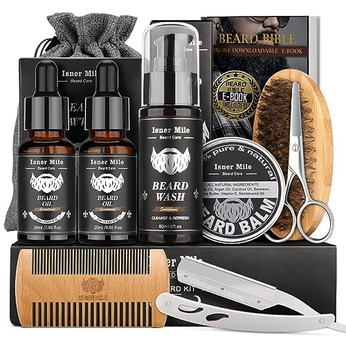 Isner Mile Beard Grooming Kit for Men Care: Trimming Sets with Beard Wash/Shampoo - Oil - Balm - Brush - Comb - Scissors & Storage Bag, Valentines Birthday Fathers Gifts for Dad Men Husband Boyfriend