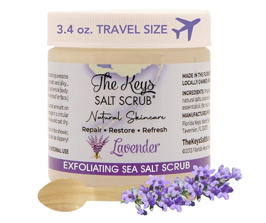 The Keys Salt Scrub - Lavender Sea Salt Scrub - Exfoliating Body Scrub with Wooden Spoon - Moisturizing Exfoliator for Face, Hands, Foot, Bath, Manicure & Pedicure, and Bikini Area Skin Care (3.4 oz.)