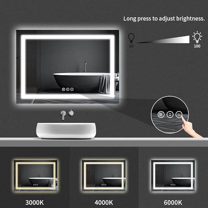 Amorho LED Bathroom Mirror 48" X36" with Front and Backlight, Stepless Dimmable Wall Mirrors with Anti-Fog, Shatter-Proof, Memory, 3 Colors, Double LED Vanity Mirror