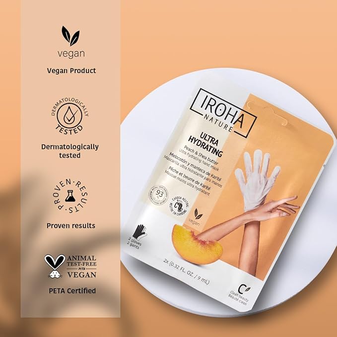 IROHA NATURE Repairing Hand Mask Gloves | 15 Pairs | Peach & Shea Butter | Hydration & Repair for Damaged & Cracked Hands | Vegan & 93% Natural Ingredients