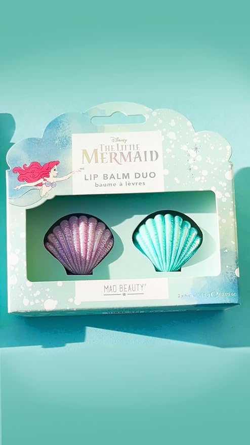 MAD BEAUTY Disney The Little Mermaid Lip Balm Duo 2-Pack, Cute Shell-Shaped Pots, Strawberry & Blueberry, Moisturize & Hydrate for Soft Fresh Lips, Great Gift, Adorable