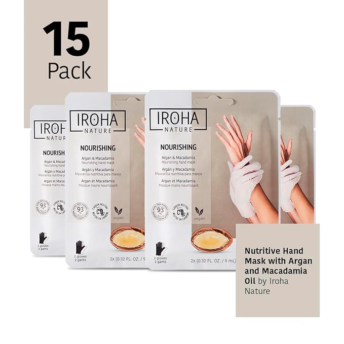 IROHA NATURE Anti-Aging Nourishing Hand Mask Gloves | 15 Pairs | Argan & Macadamia Oil | Intense Nutrition for Dry Hands | 93% Natural Ingredients | Vegan